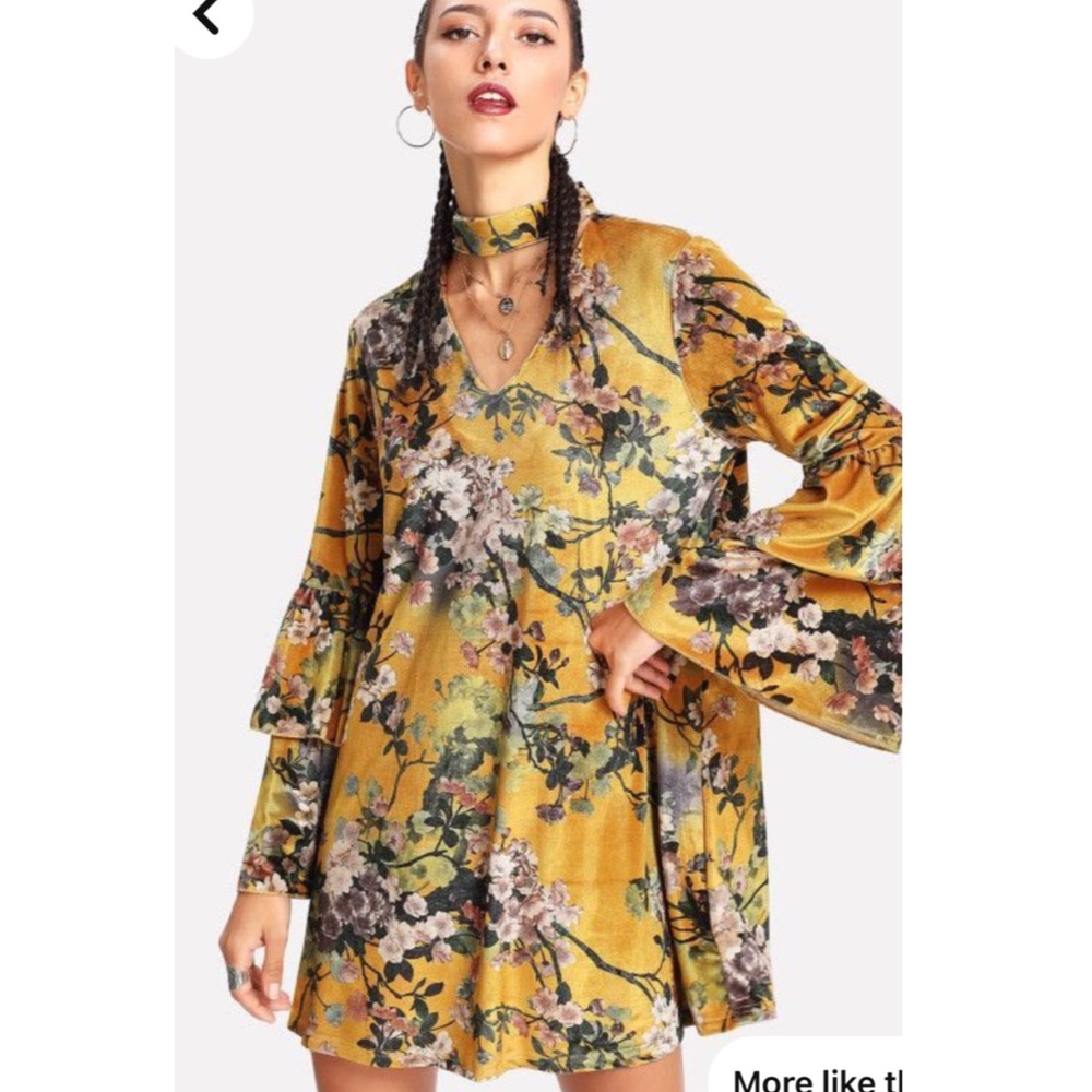 Choker Neck Floral Velvet Floral dress, High collar